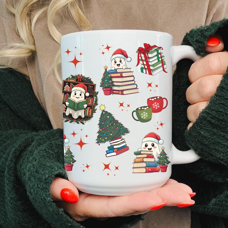 Christmas Reading Ghost Mug, Christmas Coffee Mug, Housewarming Gift, Bookish Ghost Gift, Cute Christmas Mug, Winter Book Lover Gift for Mom