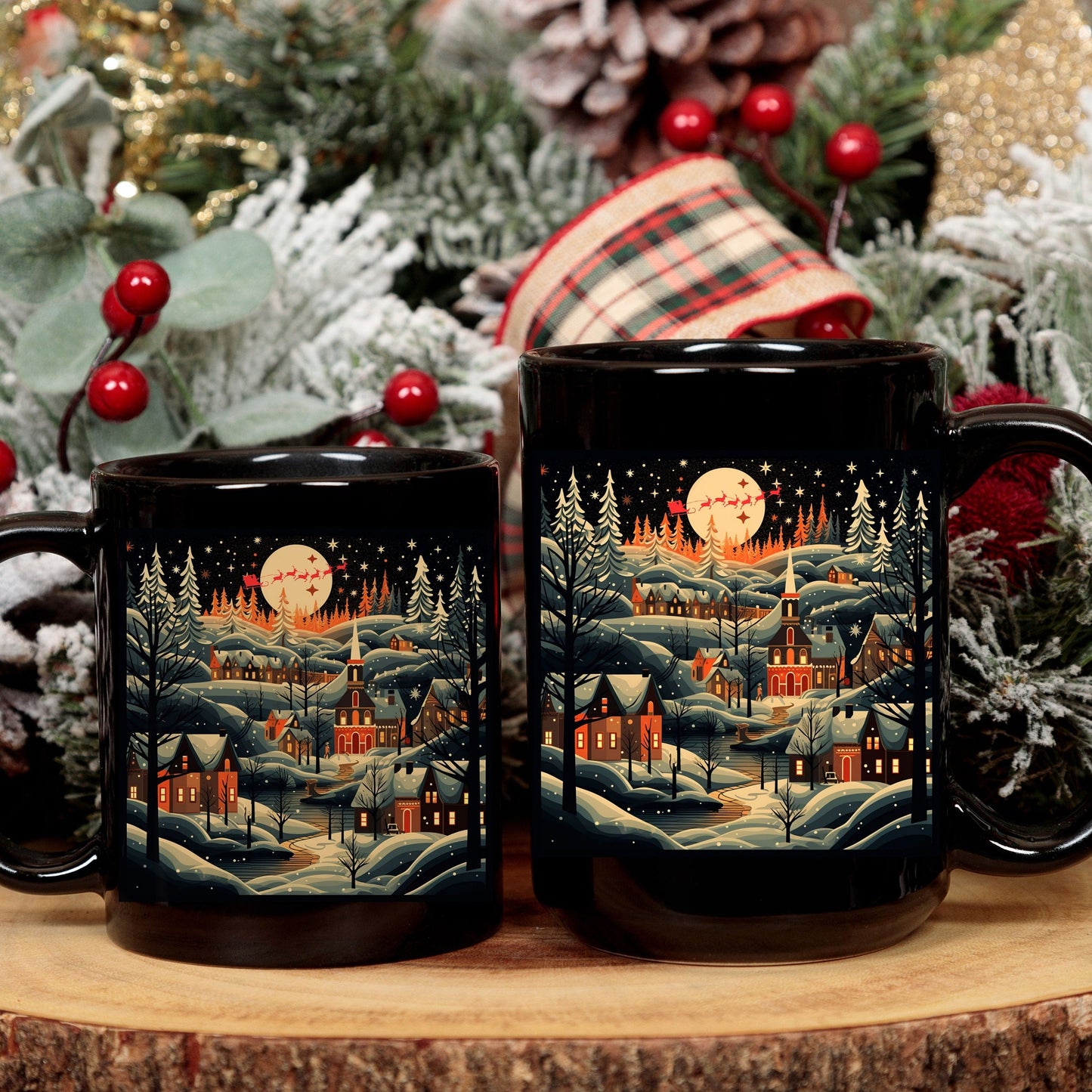 Christmas Village Mug, Christmas Eve Mug, Santa Claus Sleigh, Holiday Mug, Seasonal Mug, Gift Mug, Vintage Christmas Style Mug, Winter Scene