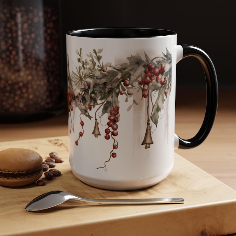 Winter Holiday Snowy Garland Coffee Mug, Festive Ceramic Tea Cup, Classy Drinkware, Christmas Wreath Mug, Holiday Season Gift, Winter Decor,