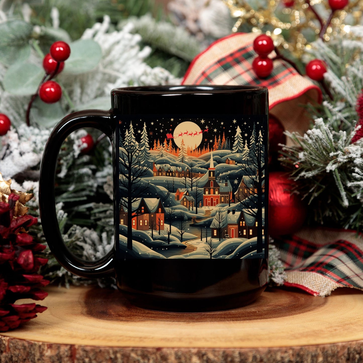 Christmas Village Mug, Christmas Eve Mug, Santa Claus Sleigh, Holiday Mug, Seasonal Mug, Gift Mug, Vintage Christmas Style Mug, Winter Scene
