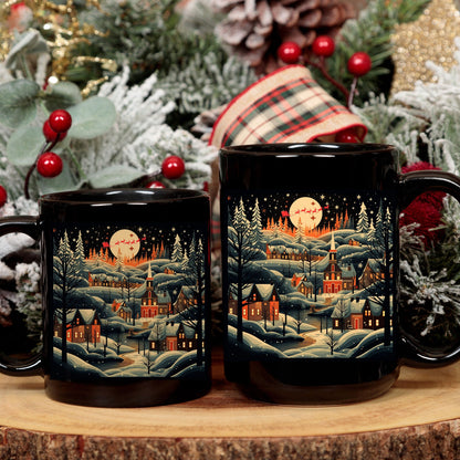 Christmas Village Mug, Christmas Eve Mug, Santa Claus Sleigh, Holiday Mug, Seasonal Mug, Gift Mug, Vintage Christmas Style Mug, Winter Scene