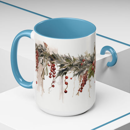 Winter Holiday Snowy Garland Coffee Mug, Festive Ceramic Tea Cup, Classy Drinkware, Christmas Wreath Mug, Holiday Season Gift, Winter Decor,